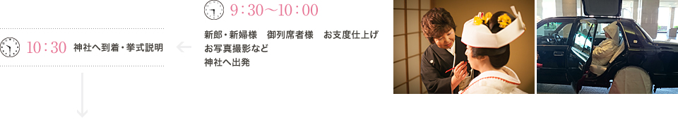 9:30?10:00新郎・新婦様・御列席者様お支度仕上げ/お写真撮影など/神社へ出発、10:30神社へ到着・挙式説明 